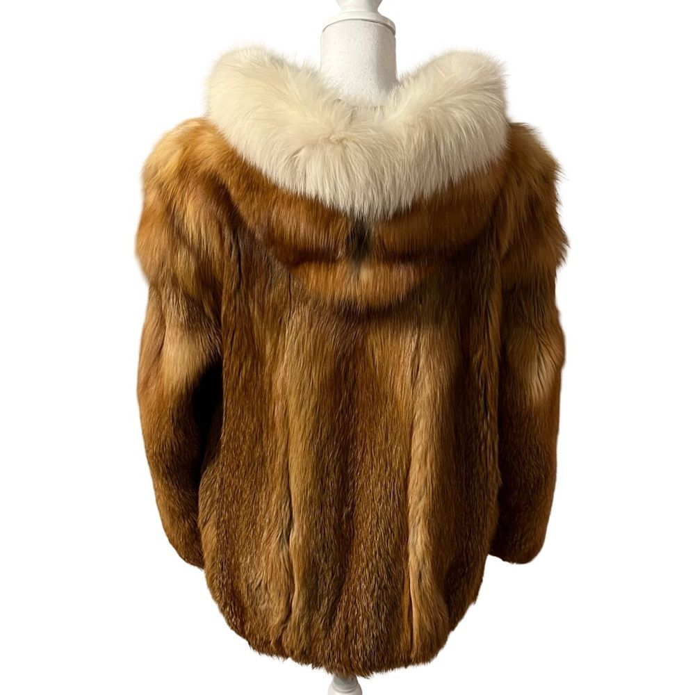 Red Fox Fur Parka Jacket White Fox Trim Size M Genuine Fur Womens Full Zip - Picture 5 of 9